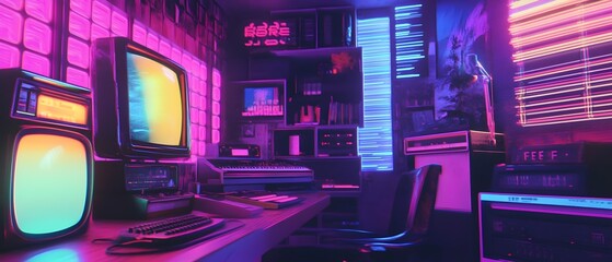 Poster - vibrant and futuristic retro synth wave music production studio setting with neon lights vaporwave a