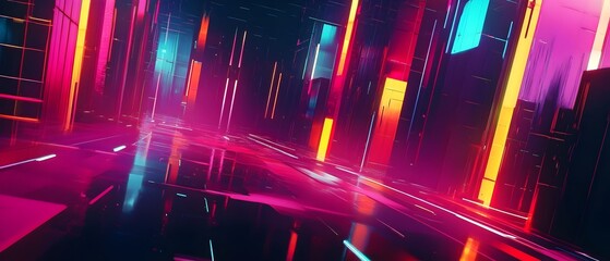 Poster - Captivating digital artwork featuring a futuristic neon lit cityscape with vibrant luminous colors dynamic lines and a surreal Vaporwave inspired ambiance  The scene exudes a sense of energy