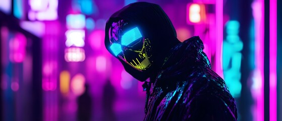 Poster - fashion figure shrouded in neon lights against a futuristic vaporwave inspired urban backdrop   a striking 3D rendered scene of high contrast colors and technology infused aesthetic