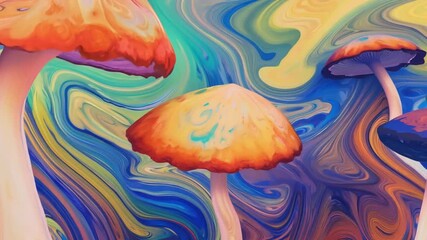 Poster - This Brightly colored mushrooms rise against a vivid, swirling backdrop.