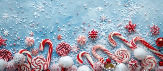 Aufkleber - Creative holiday concept with Christmas candy arranged on snow in a flat lay style with copy space image