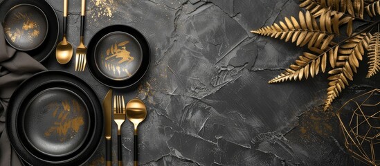 Aufkleber - Sophisticated table arrangement featuring black dishes gold foliage and silverware against a backdrop of grey tiles perfect for a copy space image