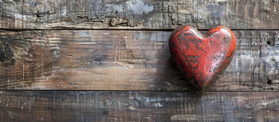 Poster - A heart shaped object displayed on a rustic wooden table with copy space image