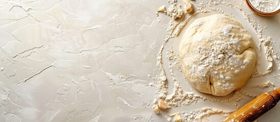 Poster - Raw dough with flour and rolling pin for a cooking menu concept against a food themed background with plenty of copy space image