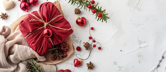 Leinwandbilder - Valentine s Day theme showcasing sustainable practices like Furoshiki gift wrapping homemade treats and a white background View from the top with a panorama and copy space image available
