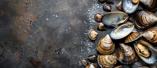Poster - Mussels and clams arranged on textured background with copy space image for text