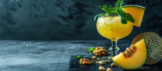 Poster - A yellow melon and a fruity drink garnished with mint and nuts on a black backdrop perfect for summer with copy space image
