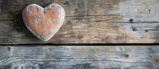 Poster - A heart shaped object displayed on a rustic wooden table with copy space image