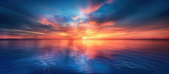 Poster - Sunset sky in shades of blue with a warm orange glow and reflection on water for a copy space image