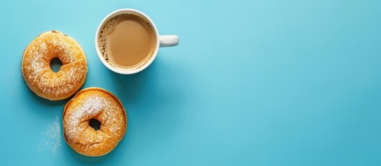 Poster - Top view of white cup with fresh coffee on blue background showcasing unhealthy food with copy space image
