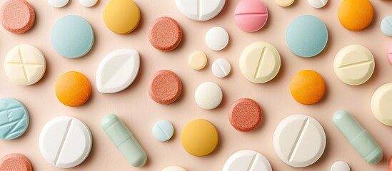 Aufkleber - Various pharmaceutical tablets pills and capsules are spread out in a copy space image