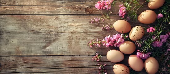 Wall Mural - Easter themed arrangement of flowers and chicken eggs on a wooden background with copy space image available