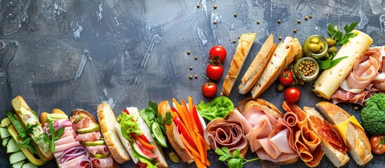 Aufkleber - Various sandwiches with diverse ingredients like meats cheese and vegetables displayed on a stone background from a top view allowing for copy space image