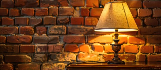 Aufkleber - Interior setting featuring an old lamp with a lampshade on a table set against a red brick wall background creating a suitable copy space image