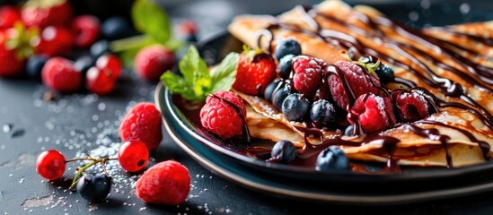 Aufkleber - Selective focus is used in a picture of homemade chocolate crepes adorned with fresh berries and chocolate sauce featuring a copy space image