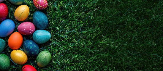 Aufkleber - Easter eggs arranged on green grass with copy space image