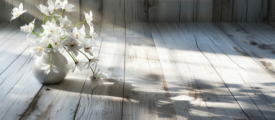 Canvas Print - White flowers casting hard shadows are placed on a wooden surface with the vase s shadow visible on the floor beside them creating a serene copy space image