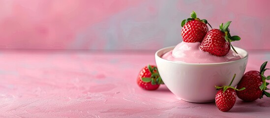 Poster - Selective focused strawberry yogurt displayed on a table with copy space image