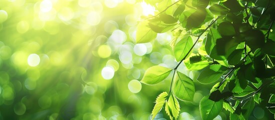 Poster - Fresh green foliage from a tree in natural bokeh background with bright sunlight and space for adding an image. Creative banner. Copyspace image