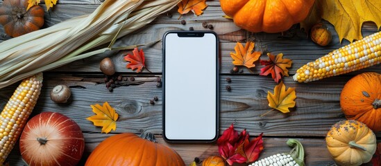 Poster - Mobile phone with empty white screen surrounded by autumnal vegetables including pumpkins corn and yellow leaves on a wooden background with ample copy space image