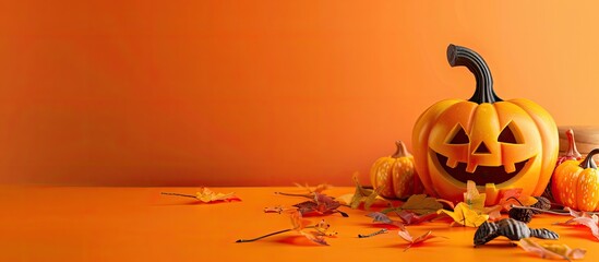 Poster - Halloween themed concept with a pumpkin and kitchen props on an orange background suitable for adding text including a copy space image