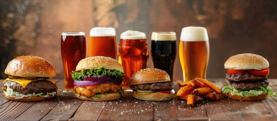 Poster - Set of beers available with a variety of burger options with room for the image of your choice. Creative banner. Copyspace image
