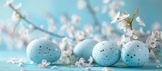 Poster - White and blue Easter decorations painted eggs set against a background with copy space image for Easter holiday postcards