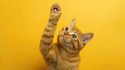 Wall Mural - playful orange tabby cat raises paw high against vibrant yellow studio background