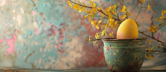 Aufkleber - An Easter themed image featuring a yellow Easter egg nestled in a decorative bucket against a colorful backdrop conveying the essence of Easter with available copy space