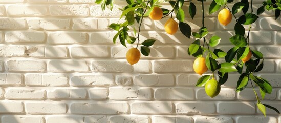 Sticker - Vintage interior with a white brick wall contrasts beautifully with green lemon tree leaves creating a charming backdrop for a photo with copy space image