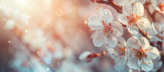 Poster - Macro photo of a flowering apricot tree in spring with lovely white blossoms suitable as a natural seasonal background with some empty space for text or elements. Creative banner. Copyspace image