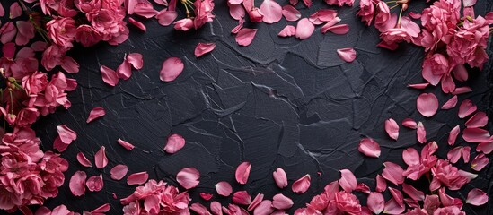 Canvas Print - Pink cherry tree petals on colored cardboard with a floral Valentine s theme on black paper for your text Top view of a beautiful frame with a copy space image