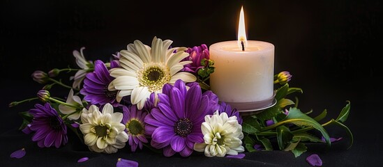 Fototapete - Purple and white flowers arranged with a glowing white candle symbolizing sympathy and condolences set against a black background with copy space image