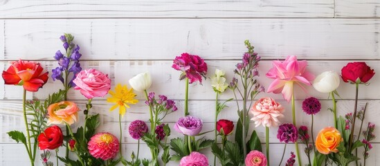 Poster - Flowers displayed on a white wooden backdrop with copy space image available
