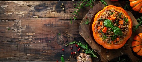 Aufkleber - A wooden surface showcases a cooked pumpkin filled with ground meat veggies and herbs in a top down copy space image