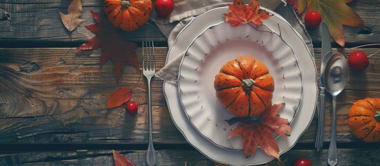 Poster - Thanksgiving themed scene with a plate cutlery napkin pumpkin and autumn leaves on a wooden surface ideal for a festive fall copy space image