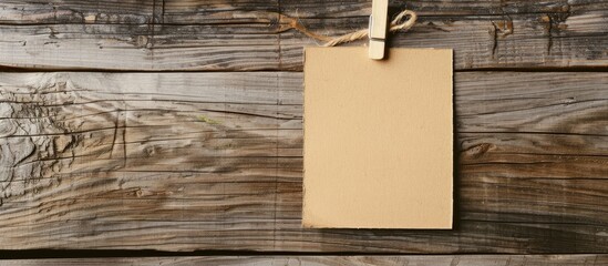 Poster - Wooden clothes pin and blank paper on retro wood backdrop provide copy space for an image