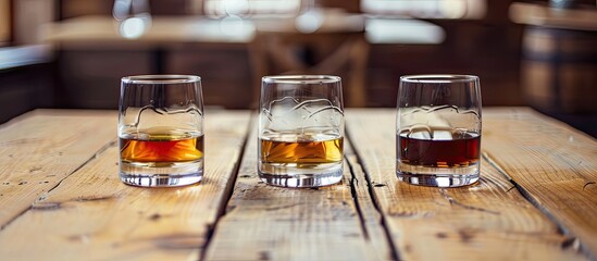 Poster - Three glasses of alcohol arranged neatly on a wooden table with ample copy space image