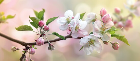 Leinwandbilder - Springtime apple tree branch with flowers captured in a photo with a shallow depth of field creating a pleasing copy space image