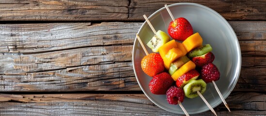 Aufkleber - Top view of a plate with skewered fresh fruits on a wooden table with ample copy space image