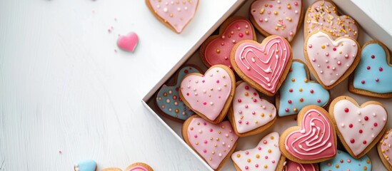 Wall Mural - Heart shaped cookies with colorful decorations arranged in a box on a white backdrop providing ample copy space image