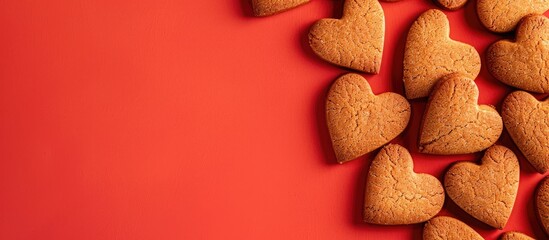 Aufkleber - Top view of heart shaped gingersnap cookies on a red backdrop with space for text or images. Creative banner. Copyspace image