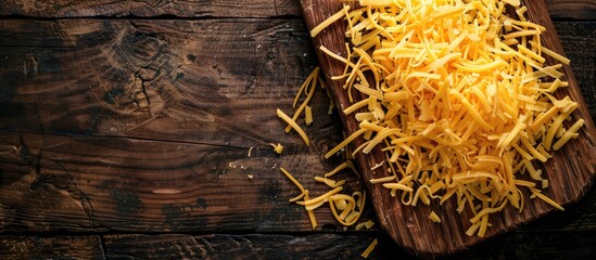 Poster - Rustic wooden board with shredded sharp cheddar cheese viewed from below perfect for adding text Includes a copy space image