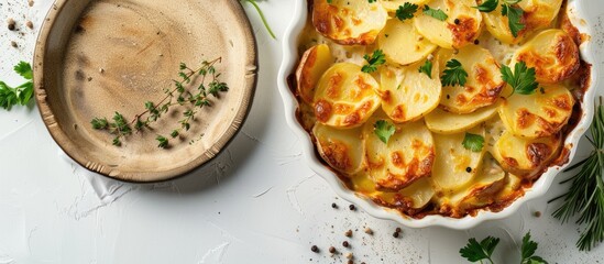 Poster - Top view of a traditional homemade potato casserole with herbs on a white background with a clear area for additional imagery like a copy space image