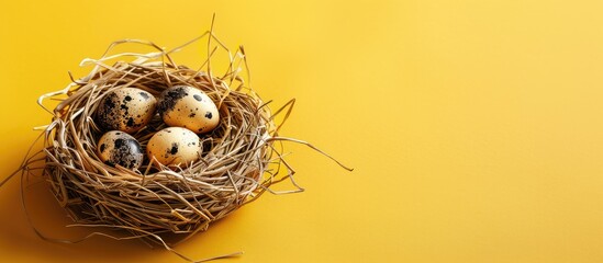 Aufkleber - Straw nest with quail eggs wooden bird feeder on yellow background perfect for Easter concept with free copy space image