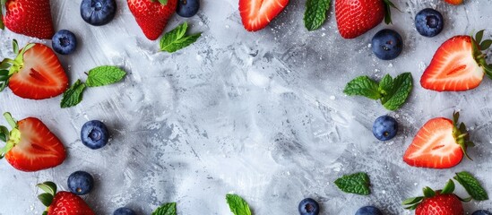 Poster - A background in shades of gray with fresh strawberry and blueberry halves and mint leaves neatly arranged in a frame with a designated empty area for text or images. Creative banner. Copyspace image