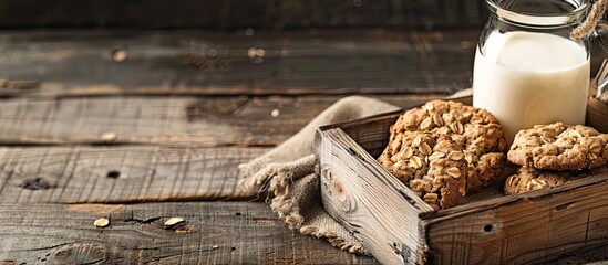 Poster - Oatmeal cookies and milk on a rustic wooden table tray with a copy space image