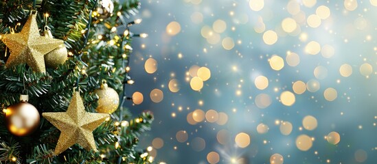 Poster - Holiday season concept with a festive fir tree adorned with gold stars glitter and ornaments Copy space image for Christmas and New Year celebrations