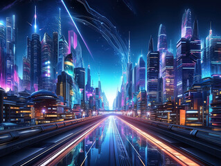 Poster - Unbelievable Glowing neon infrastructure in futuristic synth wave city