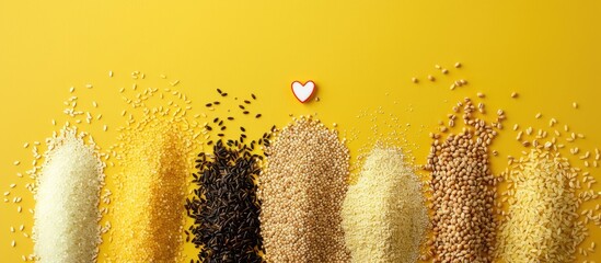 Poster - An overhead view of assorted grains and cereals like bulgur rice oatmeal buckwheat and couscous arranged on a yellow background with a heart icon and space for text. Creative banner. Copyspace image